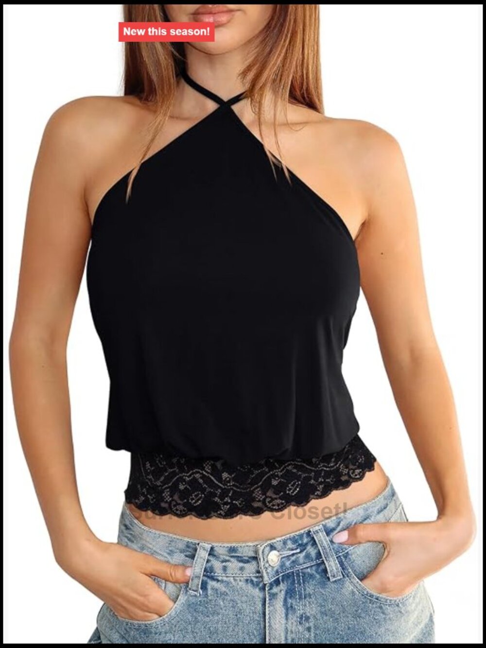 Y2K Halter Neck Crop Top Lace Trim Backless Tank